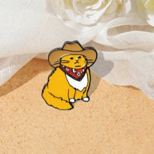 Cowboy Cat Enamel Pin - Yellow Cat with Brown Hat and Red Bandana